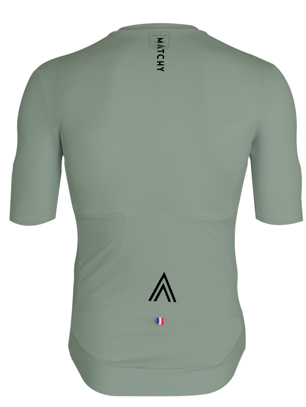 Maillot vélo MATCHY coloris eucalyptus, zip intégral, manches courtes avec empiècements mesh, fond blanc.