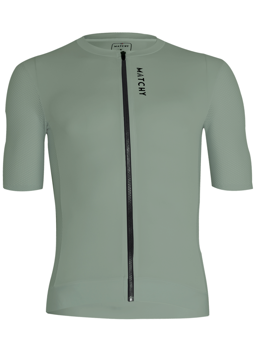 Maillot vélo MATCHY coloris eucalyptus, zip intégral, manches courtes avec empiècements mesh, fond blanc.