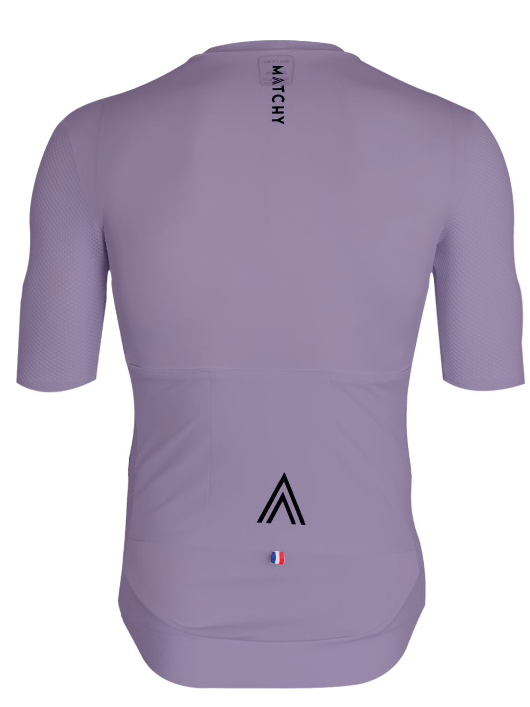Maillot vélo MATCHY coloris lavande, zip intégral, manches courtes avec empiècements mesh, fond blanc.