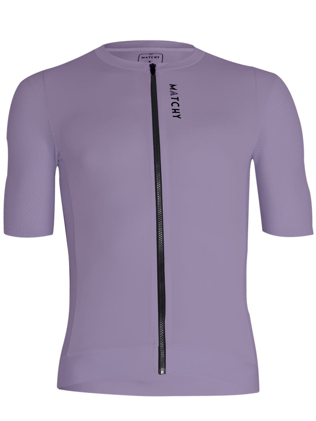 Maillot vélo MATCHY coloris lavande, zip intégral, manches courtes avec empiècements mesh, fond blanc.