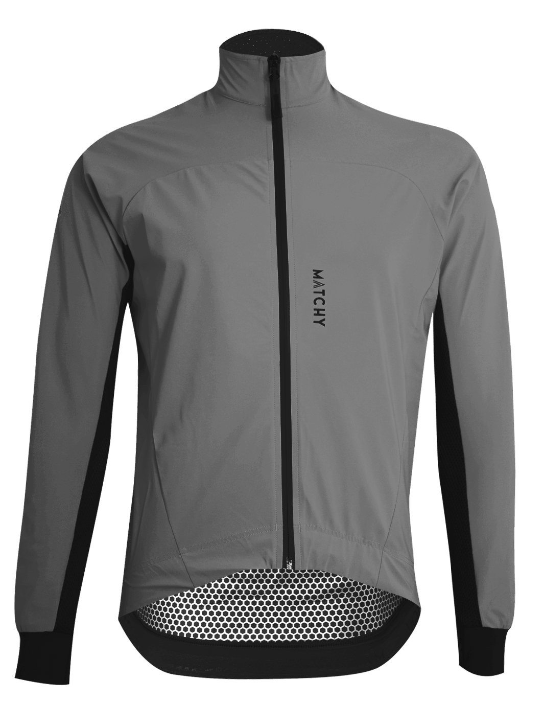 Coupe-vent vélo MATCHY coloris gris porté par un cycliste équipé d'un casque blanc et lunettes de soleil, zip central et poignets ajustés.