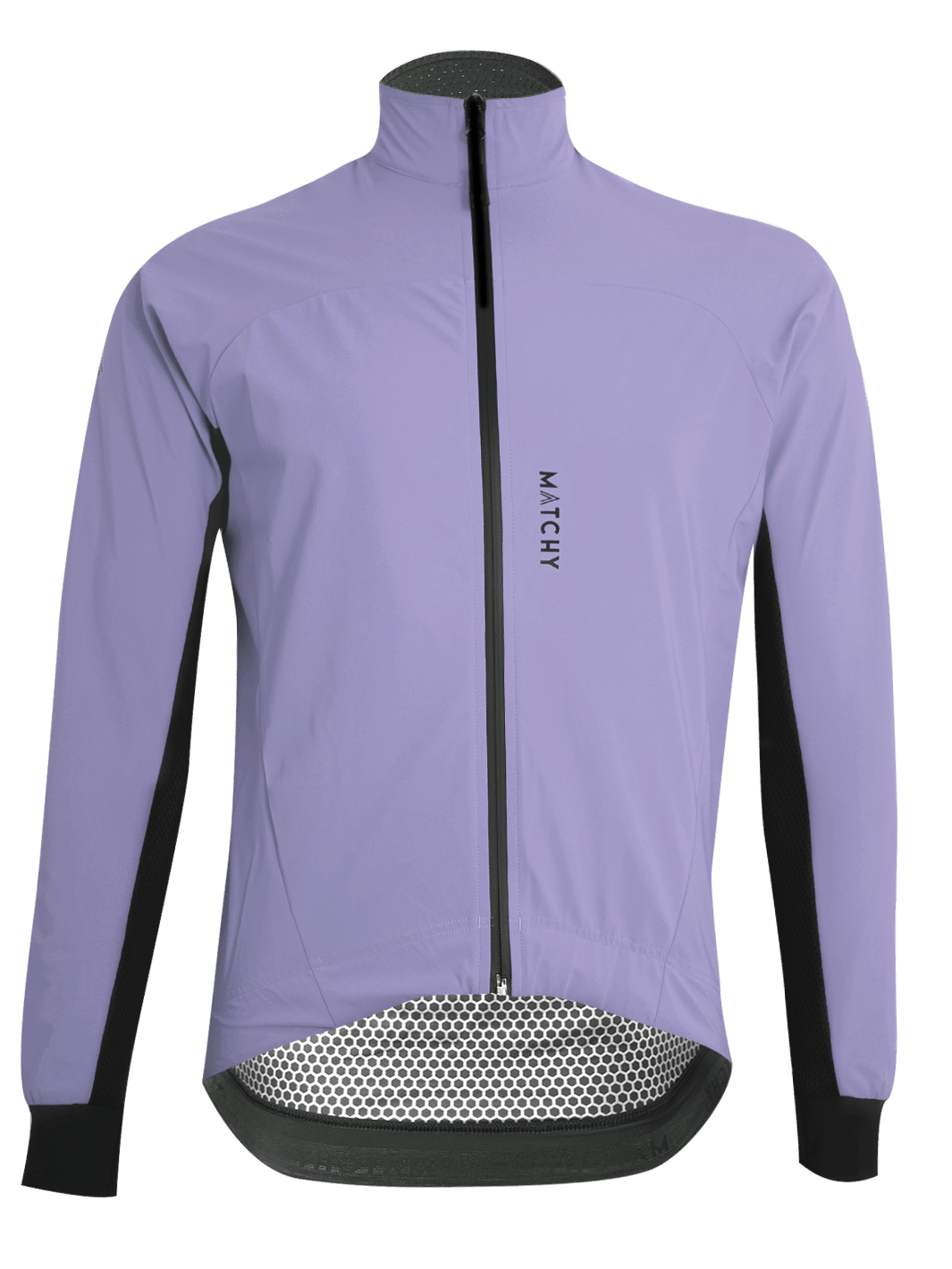 Coupe-vent vélo MATCHY coloris lavande porté par un cycliste équipé d'un casque blanc et lunettes de soleil, zip central et poignets ajustés.