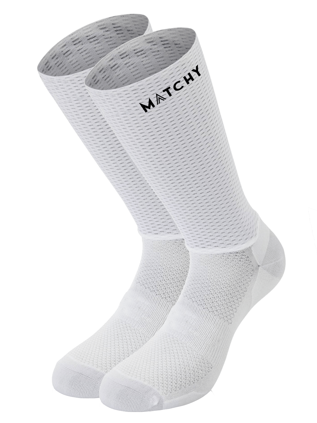 Chaussettes vélo MATCHY blanches mi-hautes, textile aéré texture grille, renfort talon et avant-pied, paire.