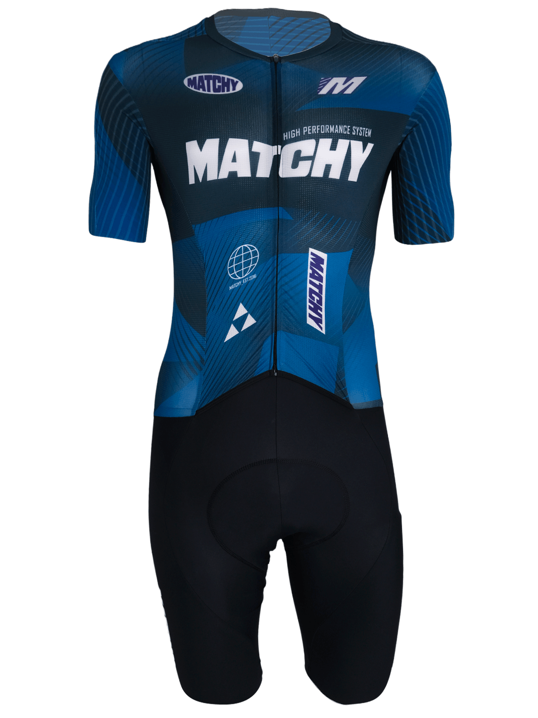 Skinsuit vélo une pièce MATCHY High Performance System, coloris bleu roi et marine, zip intégral, cuissard rembourré, manches courtes.